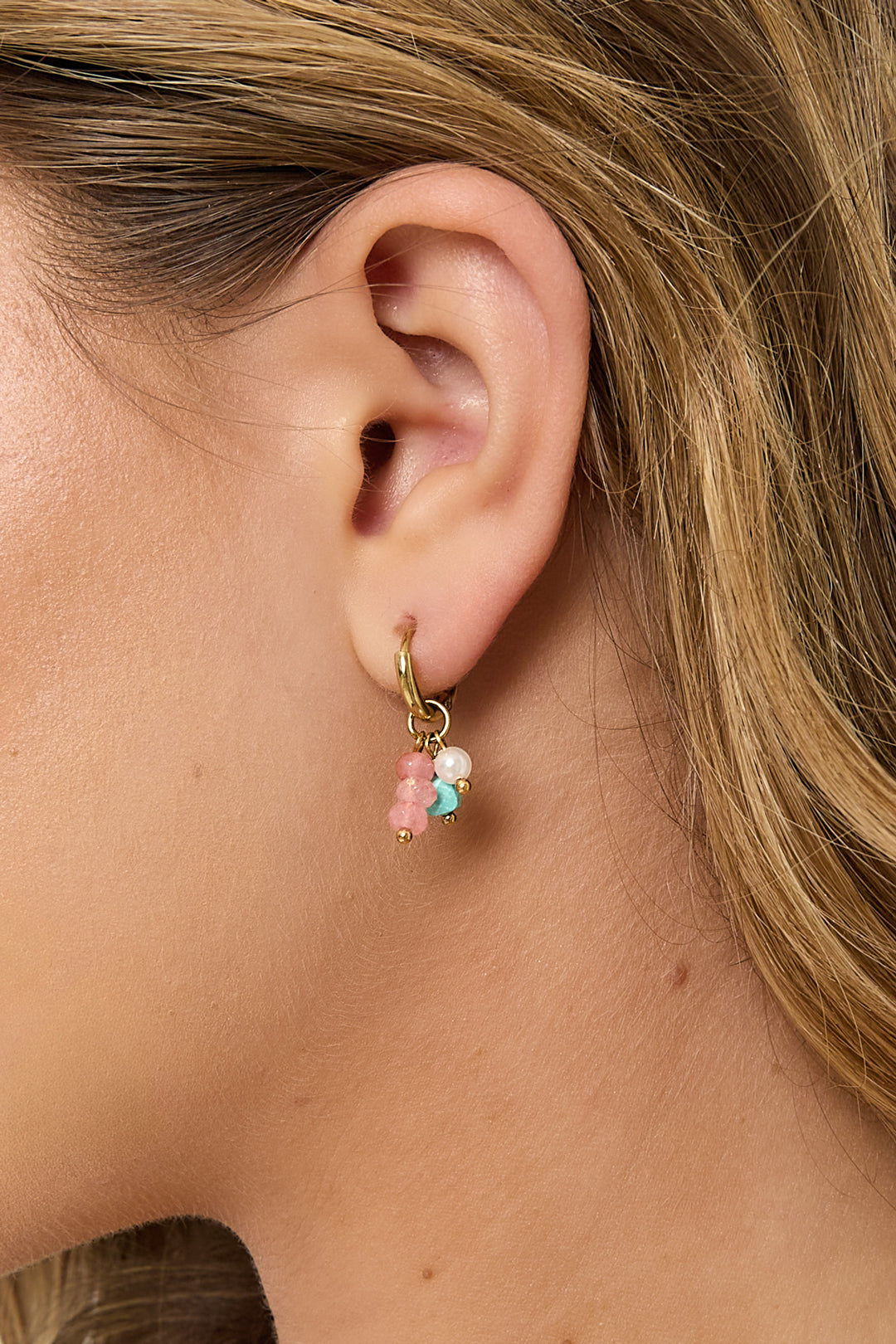 Pastel Roze Beaded Hoops Oorbellen Goud