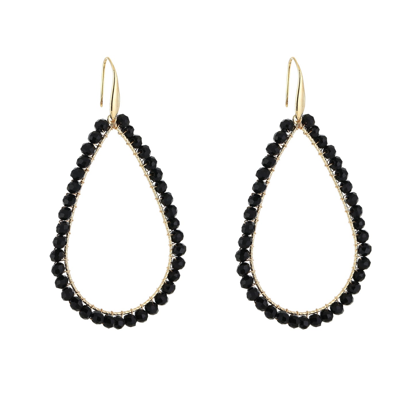 Crystal Drop Earrings Black - gouden druppel oorbellen met zwarte kristalkralen