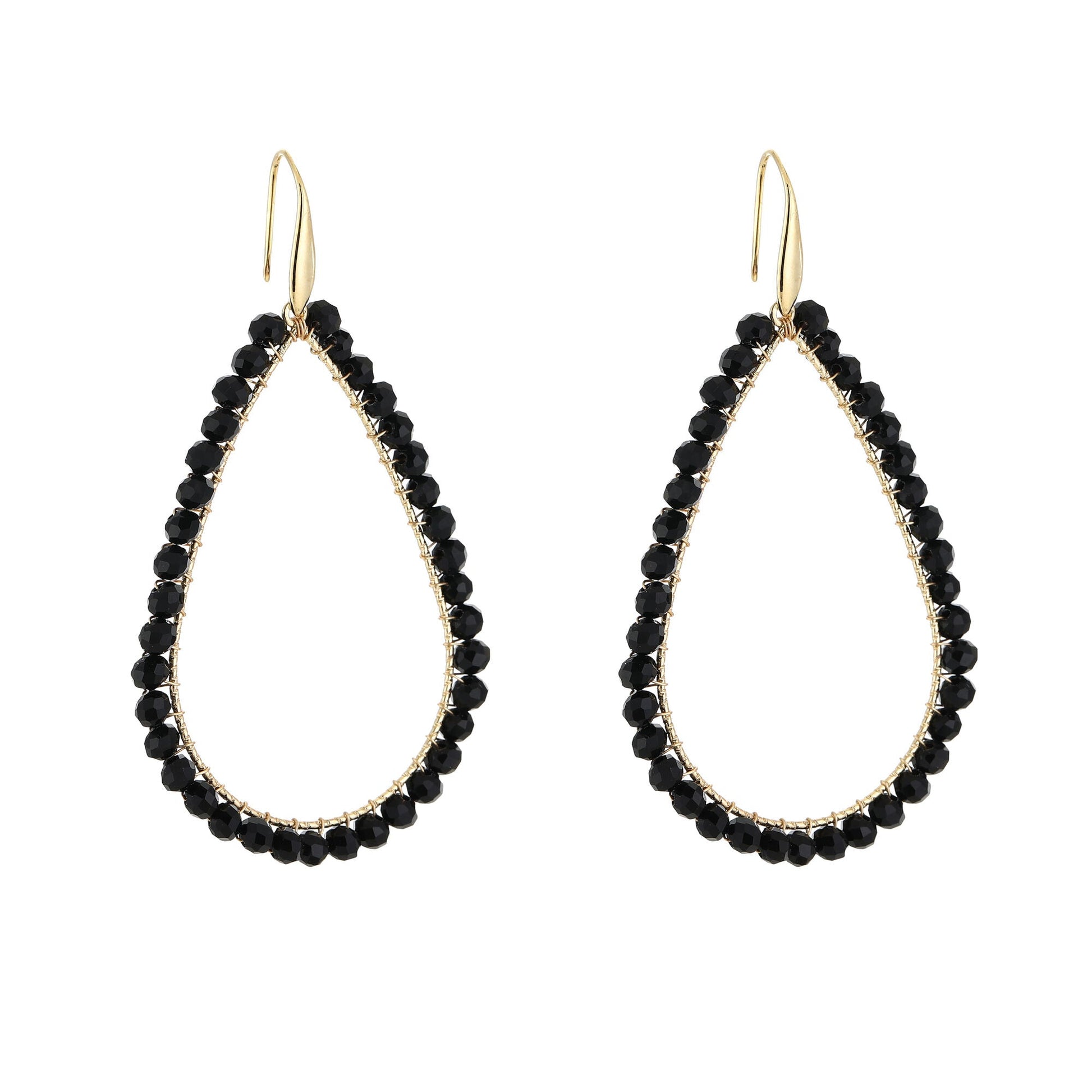 Crystal Drop Earrings Black - gouden druppel oorbellen met zwarte kristalkralen