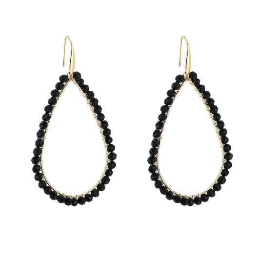 Crystal Drop Earrings Black - gouden druppel oorbellen met zwarte kristalkralen